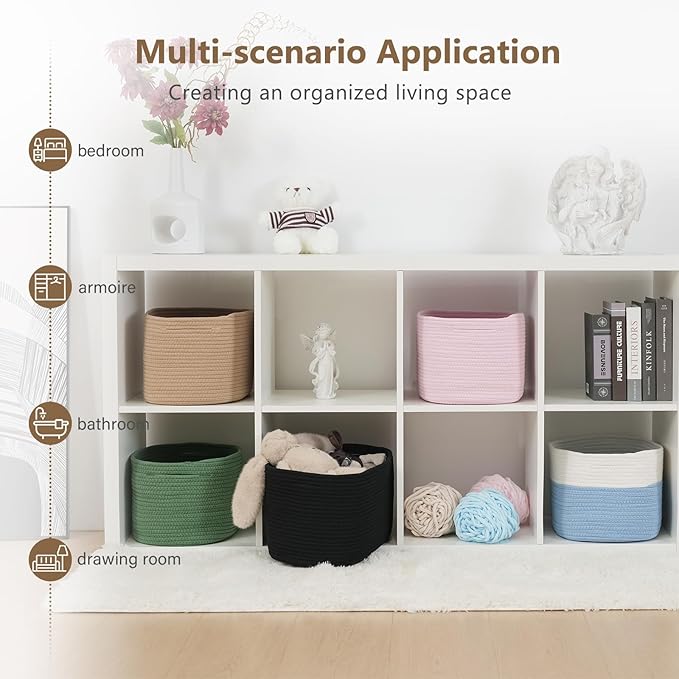 ECDYQXVU Cotton Rope Storage Basket, 15x10x9 Inches, Woven Basket for Shelves, Clothes, Towels, Books, and Laundry, White Blue (2 Pack)