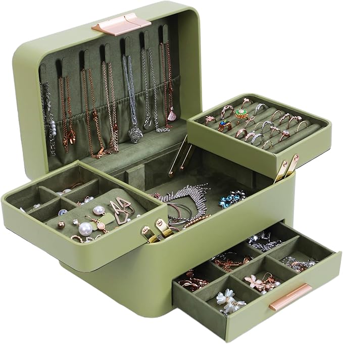 KAMIER Jewelry Box for Women, 3 Layers Jewelry Organizer with Drawers, Large Jewelry Storage Organizer for Earring, Ring, Necklace, Bracelets, Green