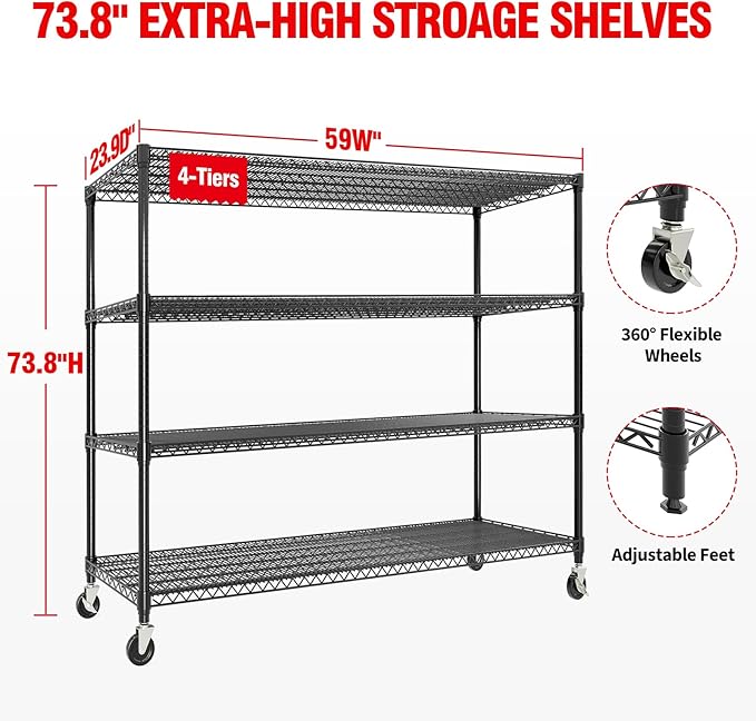4-Tiers Storage Shelves 59" W Heavy Duty Garage Shelving Units with Adjustable Shelf and Wheels, 2640LBS Capactiy Wire Shelving Rack for Garage Pantry Kitchen Industrial