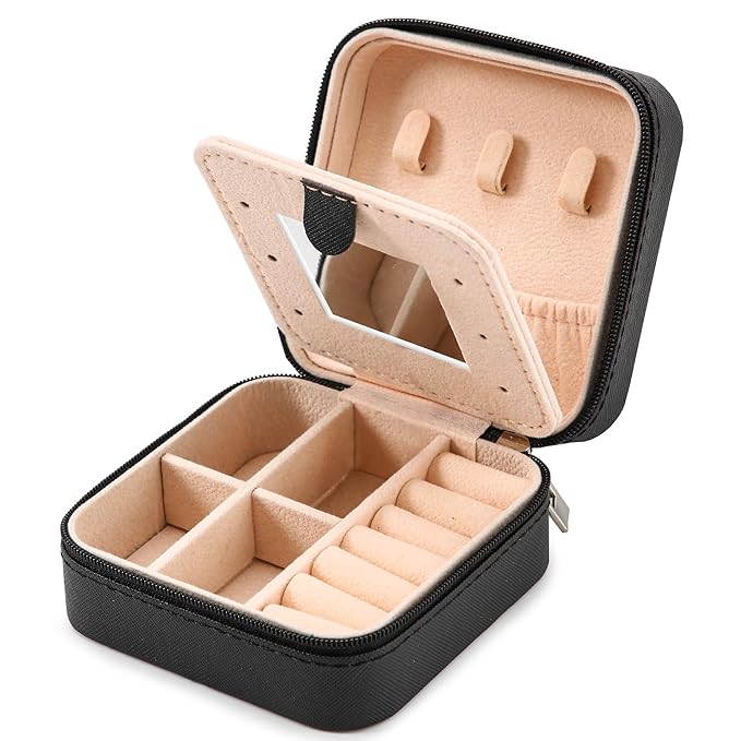Neveika Jewelry Box with Mirror,Small Jewelry Organizer Box，Travel Jewelry Case for Women，Gift Jewelry Boxes for Female Girls (mirror black)