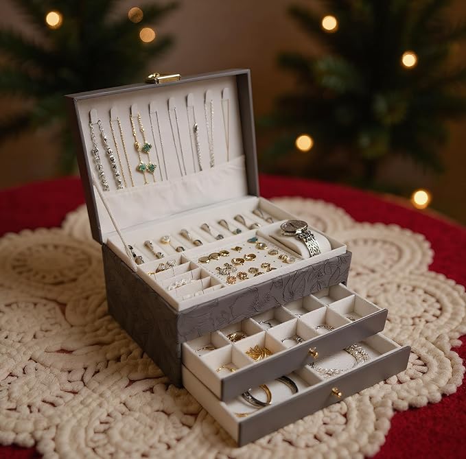 TOFUNTOY Jewelry Organizer Box, Large Jewelry Boxes for Women, 3-Layer Jewelry Holder Organizer for Necklace Earrings Rings Bracelets Storage, Gift for Her Mom