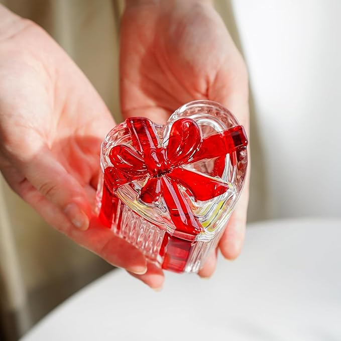 kanpura 2 Pack Glass Heart Shaped Jewelry Box Candy Dish with Lid Ring Earring Trinket Storage Box Vintage Jewelry Organizer Decorative Jar Gifts for Women Girls(Red & Clear)