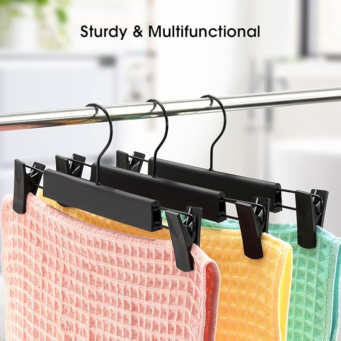 GUANJUNE Clothes Pants Hangers, Space-Saving Skirt Holders with 360 ° Swivel Hooks, Adjustable Clips, Trouser Hangers, Clothes Coat Garment Jeans Hangers (20 Pack, Black)