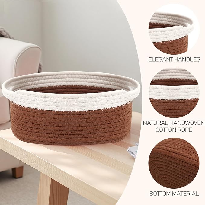 JMvicyroam Woven Basket,Small Rope Storage Bin with Handles & Ribbon Bag, Organizer for Shelves Closets,Gift Basket Empty for Birthday,Books,Dog Toys, White&Brown/2 Pack