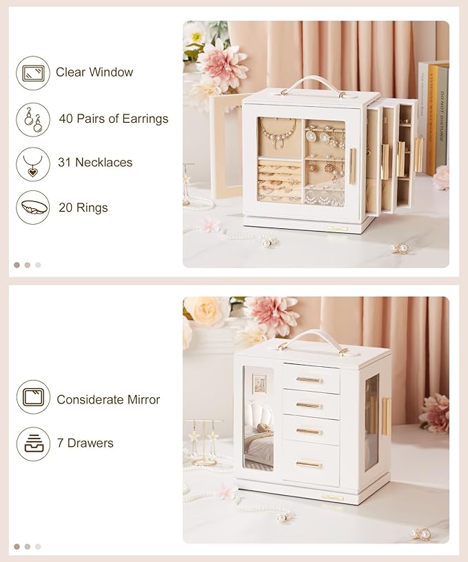 Homde Mothers Day Gifts Jewelry Box 360° Rotating, Necklace Earring Organizer with Transparent Window, Mirror, 7 Drawers, Large Ring Display Storage Case for Girls Women (White)
