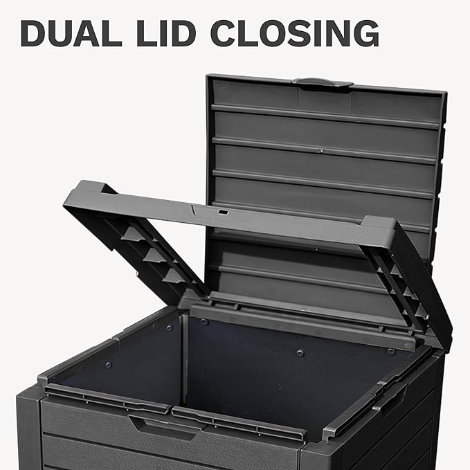 DWVO 38 Gallon Large Outdoor Trash Can, 2-Pack Waterproof Resin Hideaway Garbage Bin with Lid and Drip Tray, Outside Trash Bin for Porch, Backyard, Deck, Patio, Poolside, Easy to Clean, Black