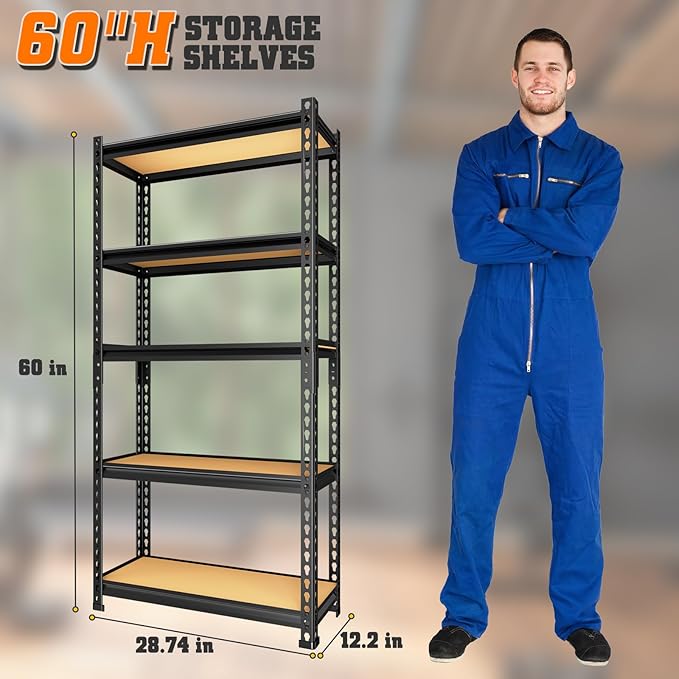 LEVELEVE 5-Tier Storage Shelving Unit, Metal, for Kitchen, Garage, Laundry Room, Adjustable, 30" L x 12" W x 60" H, Rectangular
