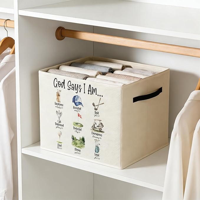 Christian Golf Storage Bin Box with Handles, God Says I Am Bible Verse Golf Foldable Baskets Organizer for Kids Room Nursery Bedroom Bathroom Clothes Toys Books, Toybox for Boys