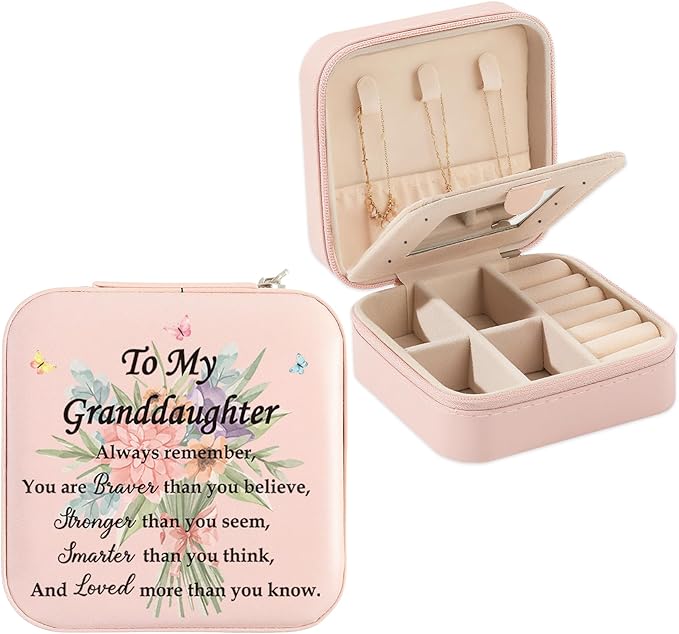 Granddaughter Valentines Day Gifts from Grandma Grandpa Graduation Birthday Gifts for Granddaughter Christmas Mothers Day Gift for Granddaughters Jewelry Box Pink Portable Travel Jewelry Case