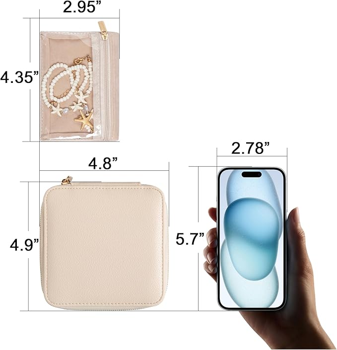 Frebeauty Small Travel Jewelry Box with 6 Pouch Bags, Portable Mini Jewelry Storage, 3.35 x 4.9 x 4.8 Inches, Gift Idea for Women Girls (Beige)