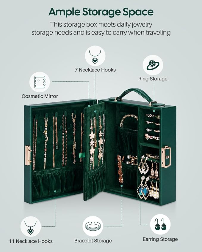 Enthralite Large Travel Jewelry Case: Portable Necklace Box with Mirror - PU Leather & Velvet Lined Jewelry Organizer for Ring Earring Bangle Bracelets Watch - Birthday Gift for Her