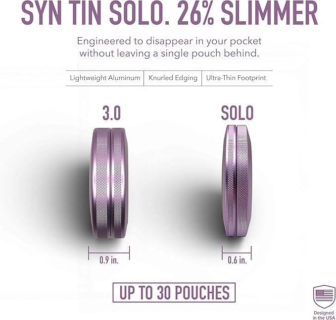 Solo | Slim Metal Container for Zyn, Premium Aluminum Can & Rugged Pouch Holder | Extra Capacity, Knurled Grip, & Slim Container | EDC (Lavender)