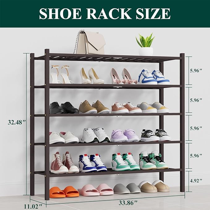 Smiry Shoe Rack, 5 Tier Thick Long Bamboo Shoe Organizer, Stackable Free Standing Wooden Shoe Storage Shelf for Closet, Entryway, Front Door Entrance, Brown
