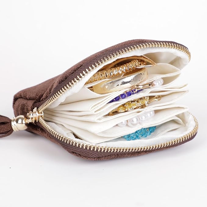 ASINGYER Travel Jewelry Storage Bag for Women, Velvet Portable Jewelry Organizer with Tassel Zipper, Small Pouches for Bracelets Necklaces Rings Earrings, Wedding Gift for Women (coffee brown)