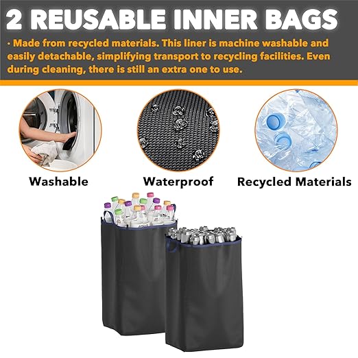 SpaceAid Recycling Bin for Kitchen 26 Gallon, 100L Recycle Bin with Lid and 2 Reusable Inner Bags, for Bottle Can Glass Plastic Stickers, Blue