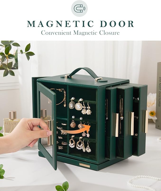 Homde Jewelry Box for Women Large: Rotating Organizer for Ring Earring Necklace Bracelet - 7 Drawers Storage for Dresser (Forest Green)
