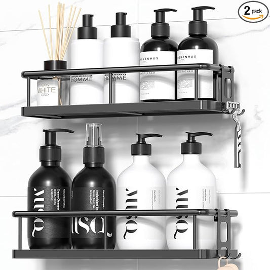 YASONIC Shower Caddy Adhesive, Rustproof Shower Shelves for Inside Shower, Large Capacity Bathroom Organizers and Storage, Shower Storage with Removable Hooks, No Drill Bathroom Accessories Black
