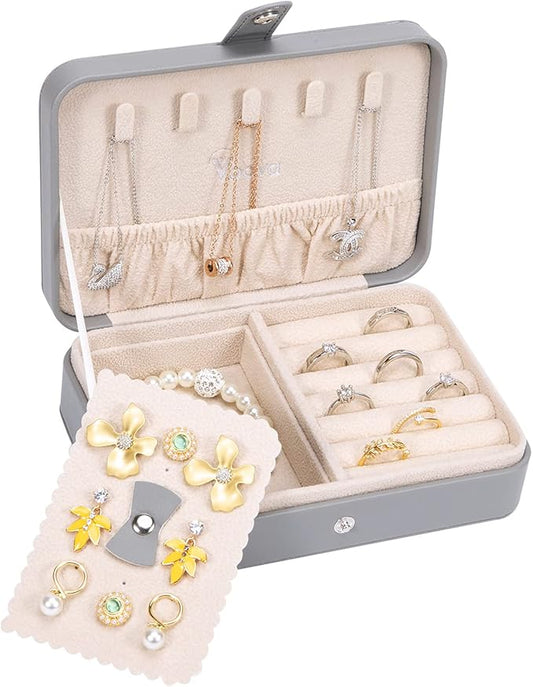 Voova Jewelry Box Organizer for Women Girls, 2 Layer Large Men Jewelry Storage Case, PU Leather Display Jewellery Holder with Removable Tray for Necklace Earrings Rings Bracelets (Grey, Small)