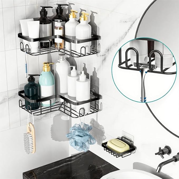 Moforoco Corner Shower Caddy Shelf Organizer Rack, Self Adhesive Black Bathroom Shelves Basket, Home Wall Shower Inside Organization and Storage Decor RV Accessories, First Apartment Essentials