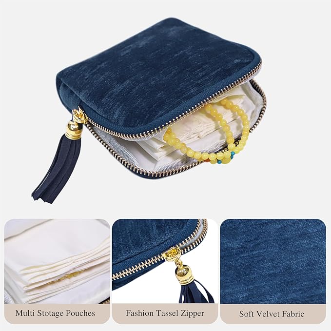 Stratalife Travel Jewelry Case Organizer for Women Wedding Gift Portable Jewelry Box with Small Pouches for Healing Crystal Bracelets, Necklace Bangles Storage Ring Holder, Blue Tassel