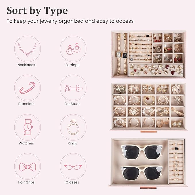 Dajasan Jewelry Box Organizer, 3-Tier Jewelry Storage Organizer with 2 Drawers, Large Jewelry Box for Girls Women, PU Leather Surface with Texture, Gift Idea, Modern Style (Pink)