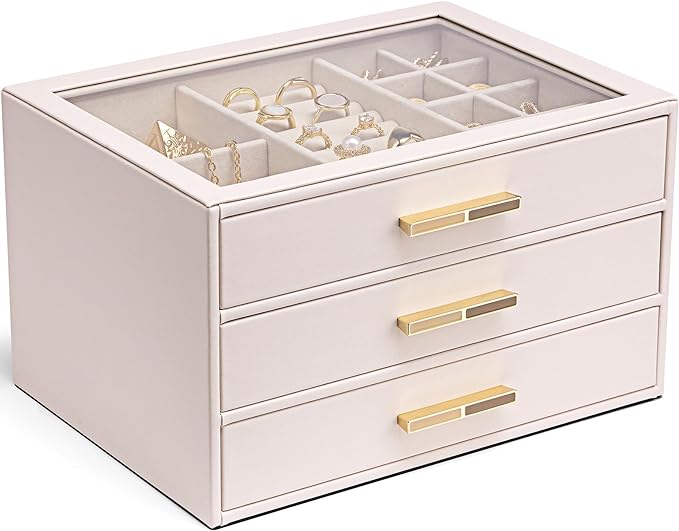 Vlando Jewelry Box for Women, Glass Lid Jewelry Organizer with 3 Drawers for Necklaces Rings Earrings Bracelets - Light Pink