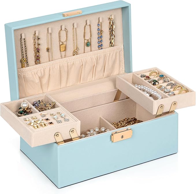AKOZLIN Travel Jewelry Box Organizer Functional 2-trays Leather Jewelry Storage Case with Lockable Portable for Women Girls Ring Necklace Earring Bracelet
