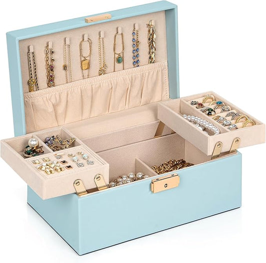 AKOZLIN Travel Jewelry Box Organizer Functional 2-trays Leather Jewelry Storage Case with Lockable Portable for Women Girls Ring Necklace Earring Bracelet