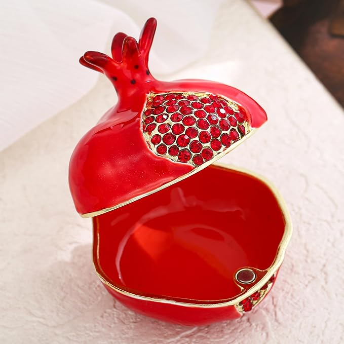 Hand Painted Fruit Trinket Box for Home Decor, Hinged Jewelry Organizer Storage, Unique Personalized Collectible Keepsake Figurine Handmade Decorative Ornament Gifts (Pomegranate)