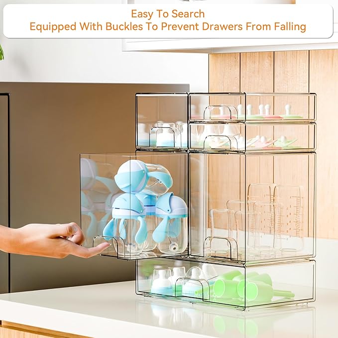Yieach 6 Set Clear Baby Bottle Organizer for Countertop,BPA FREE Bottle Station Organizer for Breast Pump Parts,Pacifier and Baby Accessories,Stackable Drawers for Bathroom,Cabinet,Pantry Organization