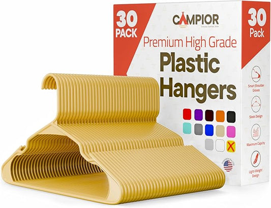 Plastic Clothes Hangers – Heavy Duty Hanger Set, for Organizing Clothes, Dresses, and Coat, Holds Up to 5 lbs, Space-Saving Hangers with Non-Slip Shoulder Grooves, Pack of 30, Yellow