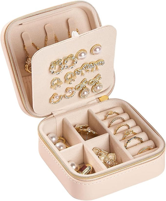 Travel Jewelry Box, PU Leather Small Jewelry Organizer for Women Girls, Portable Mini Travel Case Display Storage Holder Boxes for Stud Earrings, Rings, Necklaces (Apricot color)