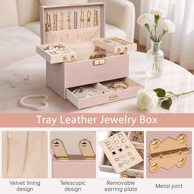 AKOZLIN Travel Jewelry Box Organizer Functional 2-trays Leather Jewelry Storage Case with Lockable Portable Drawer for Women Girls Ring Necklace Earring Bracelet