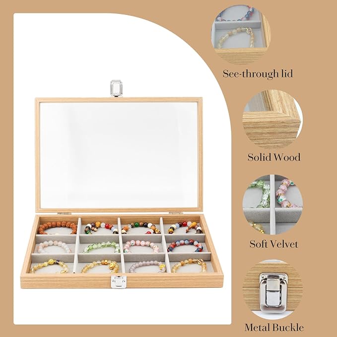 KOOAAICCHI Jewelry Organizer Tray 12 Grid Velvet Jewelry Storage Box with Clear Lid Jewelry Display Case with Lock Bracelet Earring Ring Organizer Showcase Gifts for Girls Women-12 Grid Wooden Beige