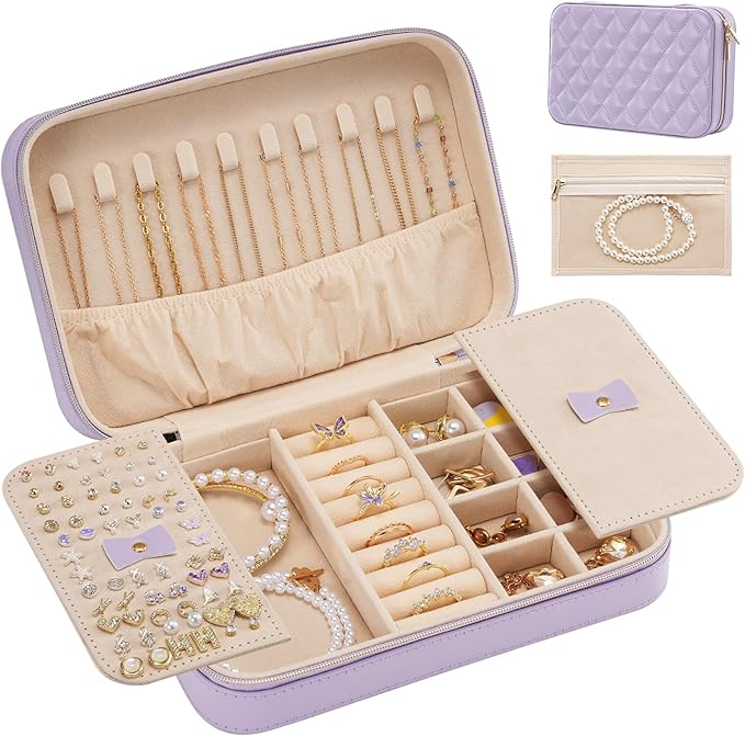 Lolalet Travel Jewelry Case for Women Girls, Travel Jewelry Organizer Box with Mirror & Clear Storage Bag, Small Portable Earring Necklace Bracelet Ring Case, Birthday Valentine Gifts -Medium, Purple