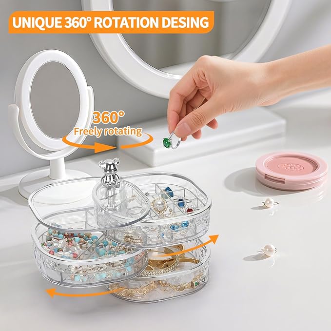 LETURE 3-Layers Rotatable Jewelry Organizer Storage Box, Clear Ripple Jewelry Holder Case for Ring Earring Necklaces Bracelets Makeup Hair Accessories, Small Rotating Jewelry Tray for Women (Clear)