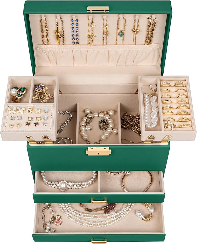 AKOZLIN Travel Jewelry Box Organizer Functional 2-trays Leather Jewelry Storage Case with Lockable Portable 2 Drawers for Women Girls Ring Necklace Earring Bracelet