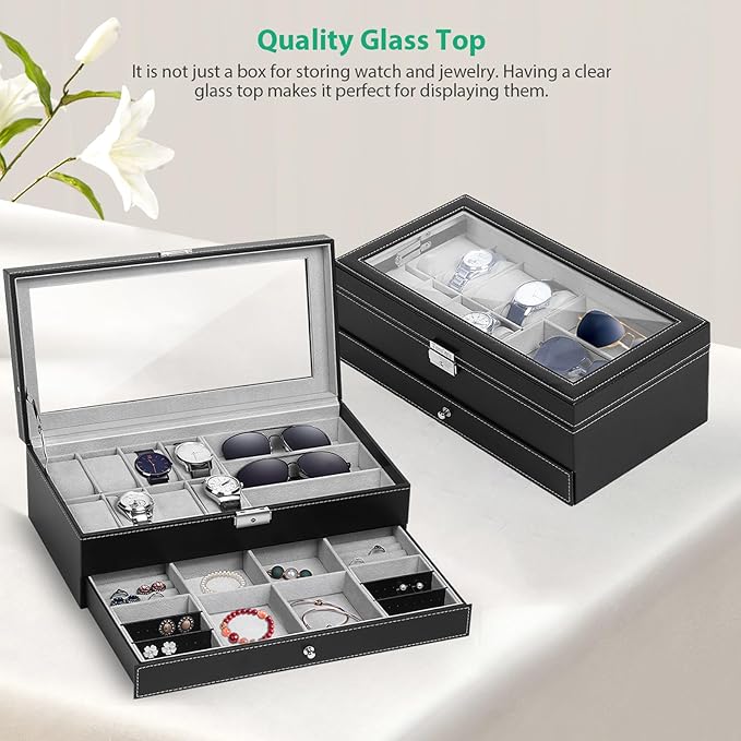 TomCare Watch Box Watch Case Jewelry Organizer Holder Jewelry Display Box Case Sunglasses Storage Organizer Lockable with Glass Top and PU Leather for Men Women, Black