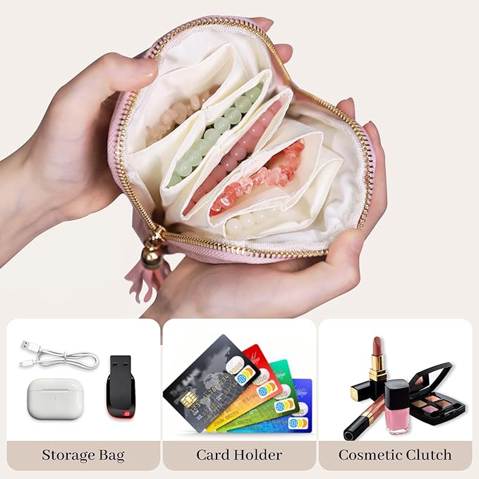 Stratalife Travel Jewelry Organizer - Portable Travel Jewelry Case for Bracelets, Bangles Crystal Storage, Necklace Ring Holder with Zipper Small Pouches Gift for Women, Light Pink Tassel