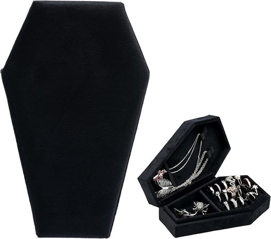 Velvet Coffin Jewelry Travel Case Holder for Gothic Wedding Ceremony Jewelry Organizer Decoration (Black)