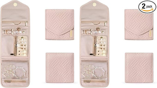 BAGSMART Travel Jewelry Organizer Case Foldable Small Jewelry Roll for Journey Rings, Necklaces, Earrings, Bracelets,Mini,Soft Pink (Pack of 2)