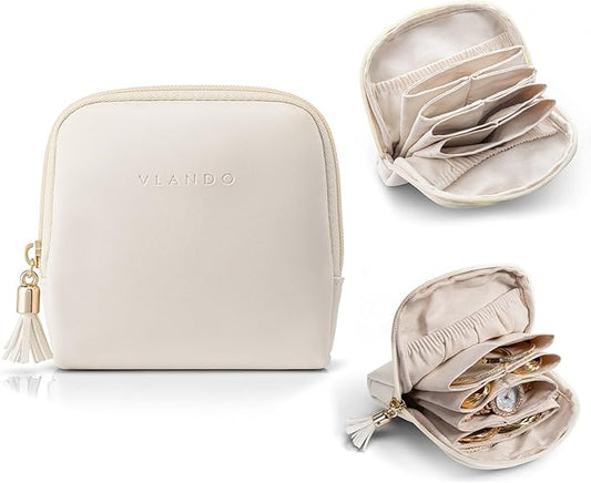 VLANDO Mini Jewelry Travel Case, Mothers Day Gifts for Mom, Jewelry Pouch Bags with Zipper, Velvet Jewelry Organizer Storage Bag for Bracelet Rings Earring Travel Essentials-White