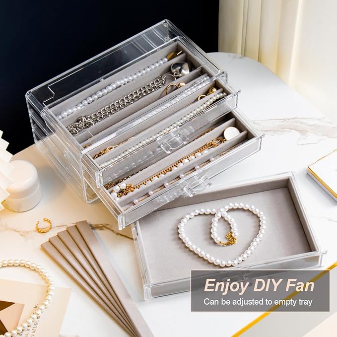 YUFONG Necklace Holder Organizer, Dustproof Necklace Box Velvet Necklace Organizer Box with Lid Clear Acrylic Dustproof Stackable Jewelry Displays for Necklaces Chain Display (Gray, 3 Drawer)
