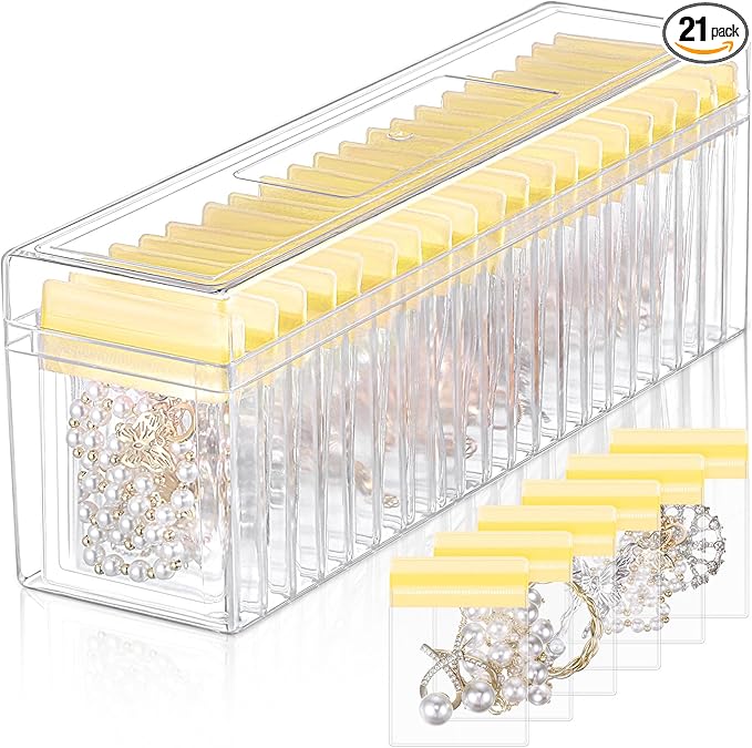 Kenning 21 Pcs Acrylic Jewelry Case Organizer, Clear Jewelry Organizers Holder with Portable Anti Tarnish Storage Bags for Rings, Earrings, Necklaces, Ideal Gifts for Women (Yellow)