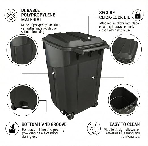 Outdoor Trash Can with Lid & Wheels, 45 Gallon Large Garbage Can for Garage & Patio, Heavy Duty Lockable Lid, Rugged Wheels & Easy Grip Handle (45 Gallon)