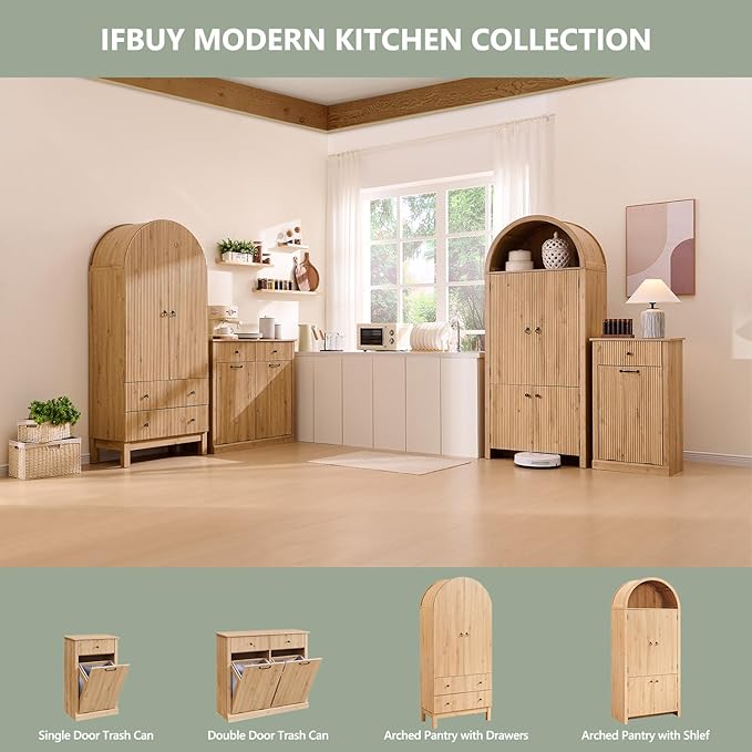 IFBUY Modern Double Tilt-Out Laundry Hamper Cabinet, 20 Gallon Fluted Trash Can Cabinet with 2 Drawers, Wooden Hidden Garbage Can Cabinets with Laundry Basket, for Bathroom and Kitchen, Natural Oak
