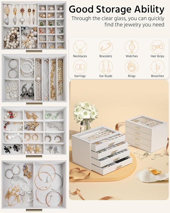 AKOZLIN Jewelry Box with Clear Lid Functional Leather Jewelry Storage Organizer Case 4 Drawers for Women Girls Necklace Ring Bracelet Earring