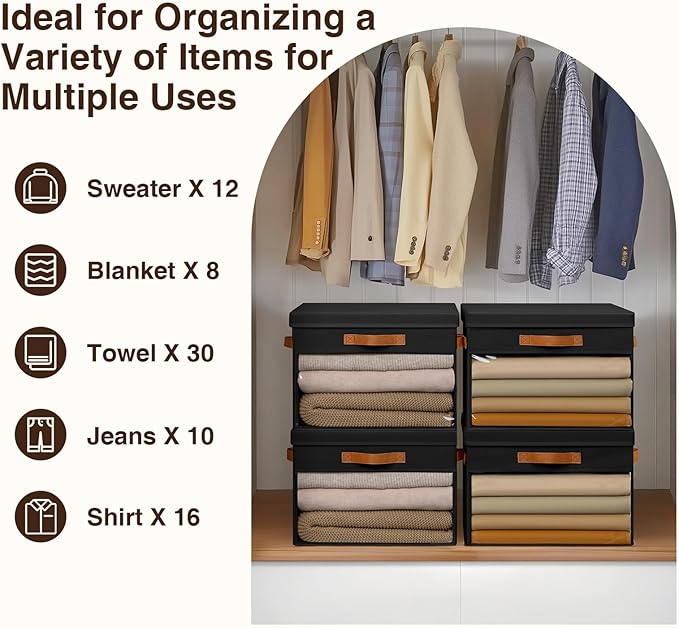 Homsorout Large Storage Bins with Lids - 6 Pack Foldable Decorative Organizers with Clear Windows & Handles, Cube Storage Organizers for Clothes, Blankets, Sweaters, Sheets, Black