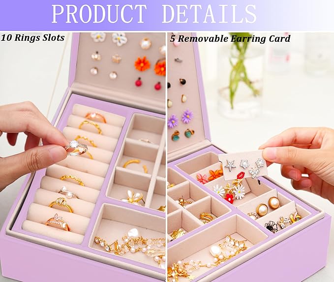 Earrings Jewelry Box for Girls, Large Capacity Jewelry Organizer with 40-Pair Earring Board, 2-Layer Leather Jewelry Storage Box for Necklaces Rings Bracelets with Removable Tray, LightPurple