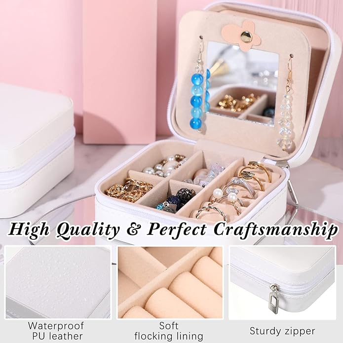 Hillban Bridesmaid Gifts Jewelry Box with Mirror, PU Leather Small Travel Jewelry Case Organizer Storage for Women Girls
